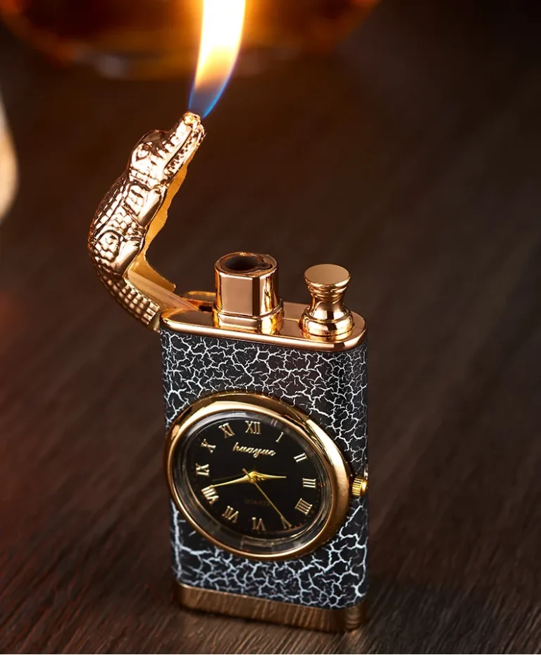 Metal Windproof Crocodile Lighter Blue Flame with watch